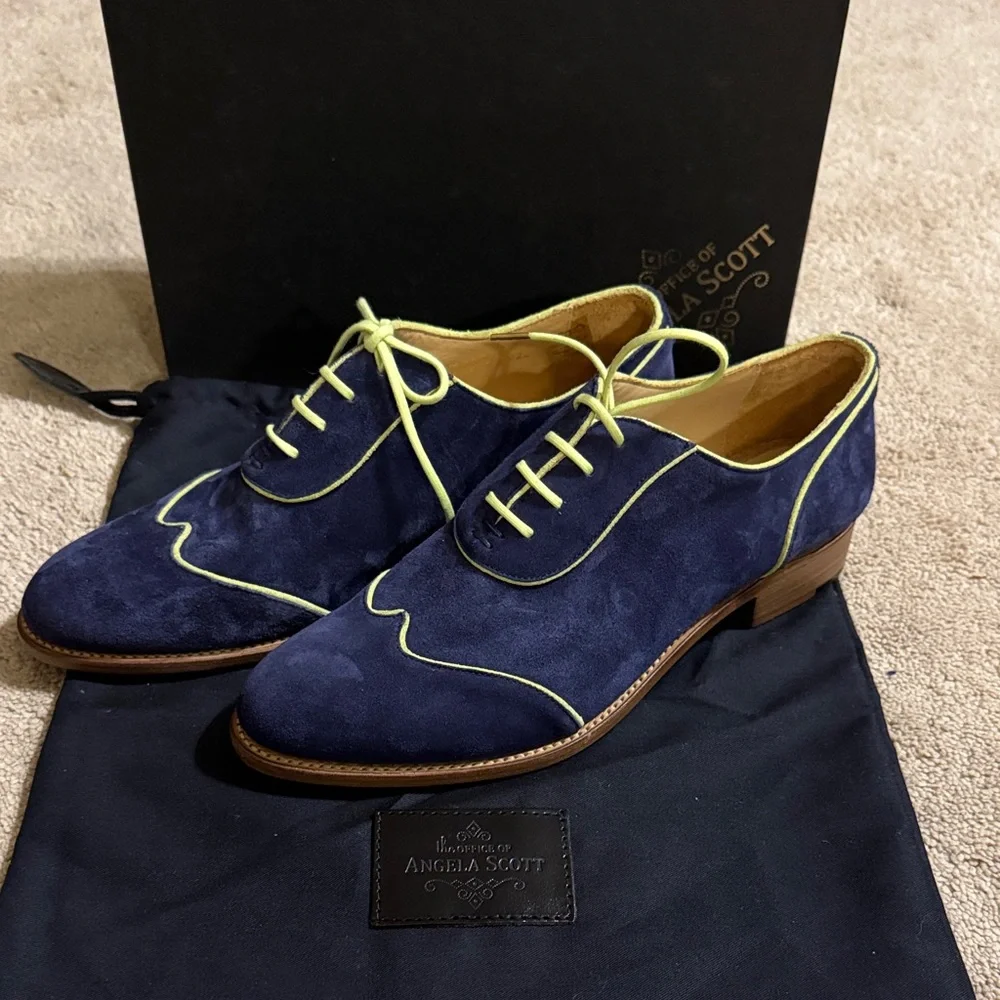 Angela Scott Navy Suede Lace-Up Loafers with Lime Trim - Picture 5 of 7